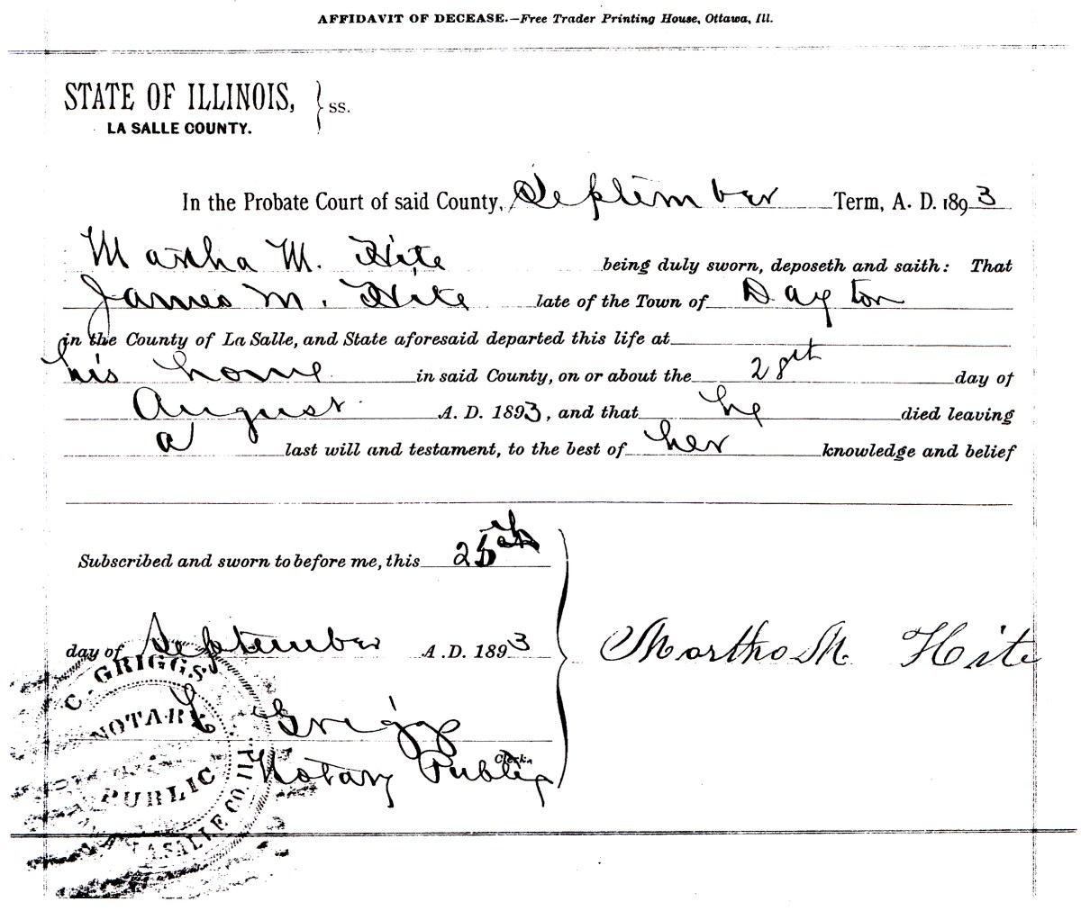 document showing death date of James M. Hite