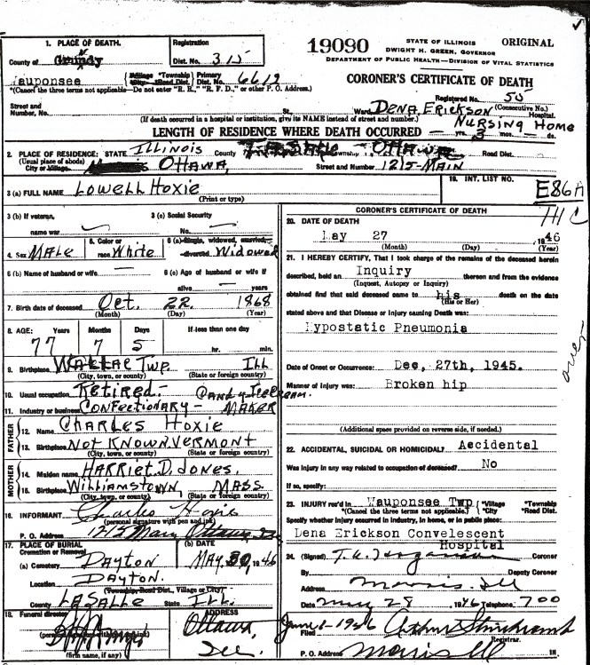 Hoxie, Lowell - death certificate