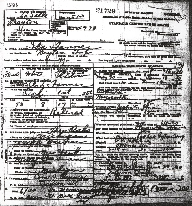 Tanner, Ida - death certificate