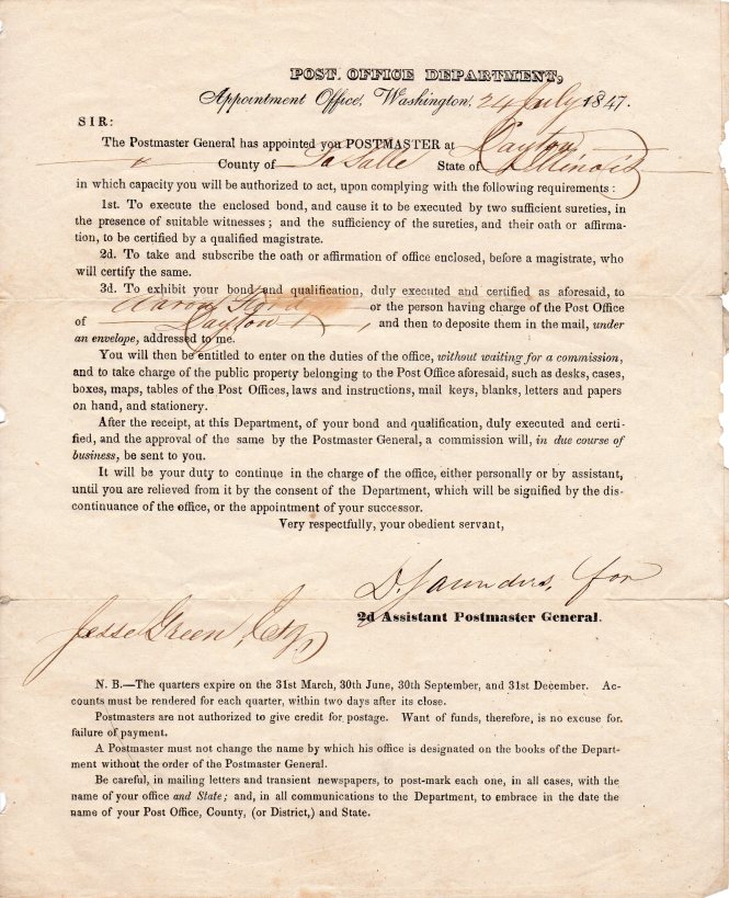Jesse Green - postmaster appointment
